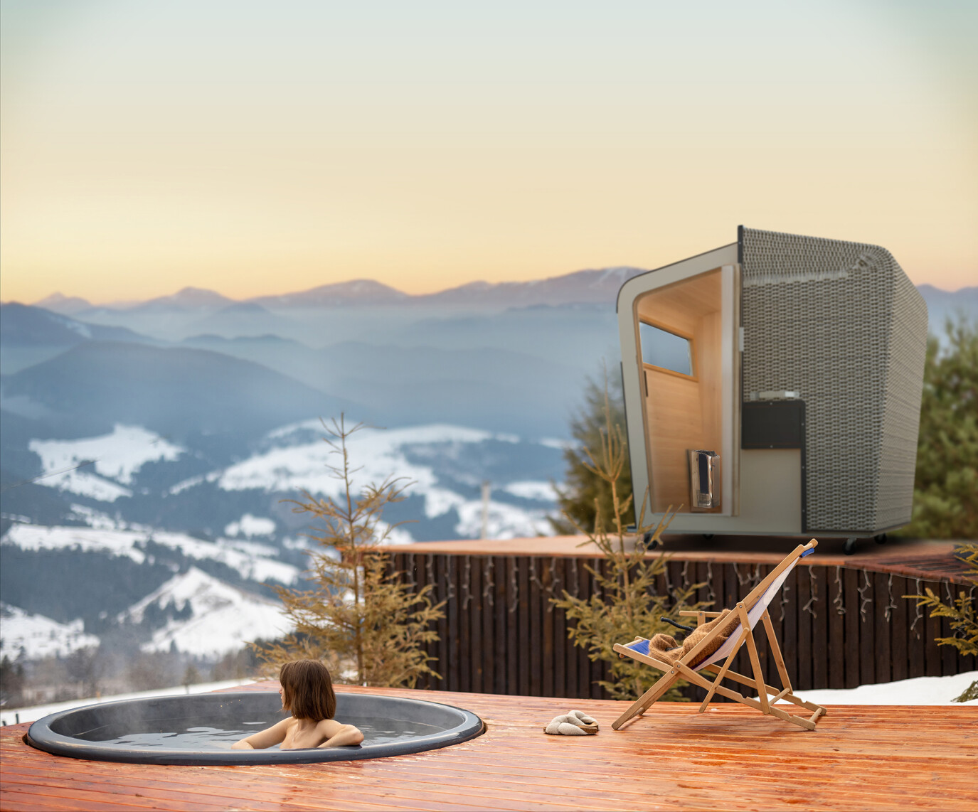 Woman swims in hot bath while resting at small modern house in the mountains on winter. Concept of recreation at tiny cabins in the mountains. Idea of escape to nature